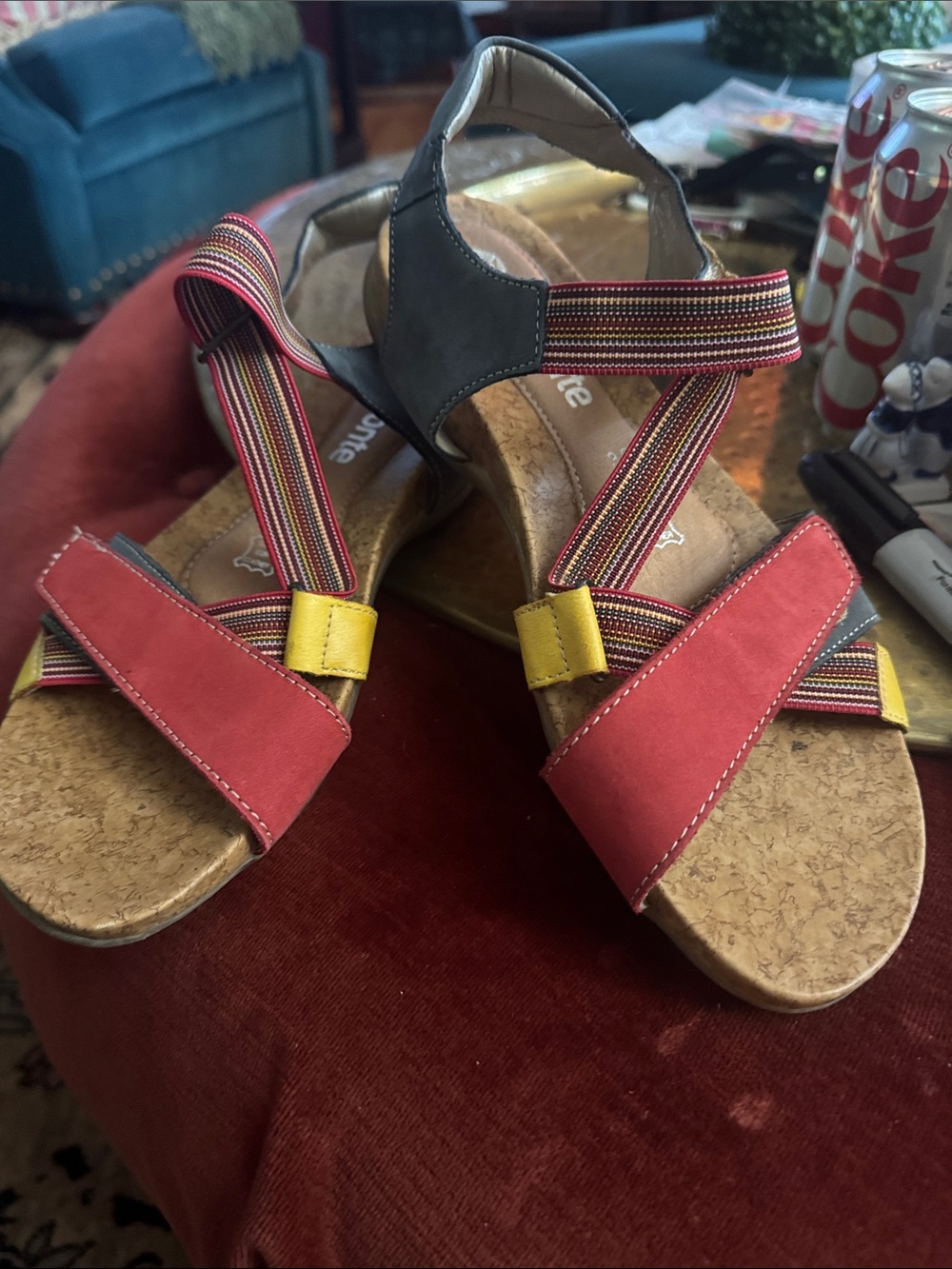 Remonte Red and Yellow Strappy Cork-Style Sandals with Multicolor Elastic Bands